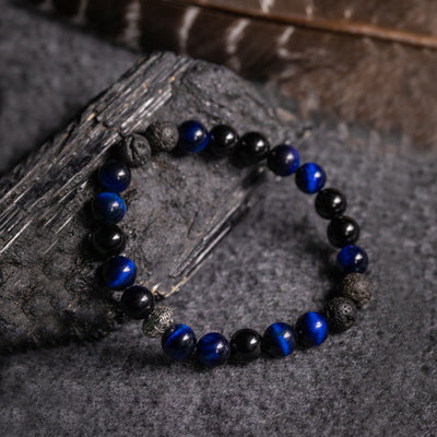 Men's Bracelet: Blue Tiger Eye & Lava & Black Tourmaline